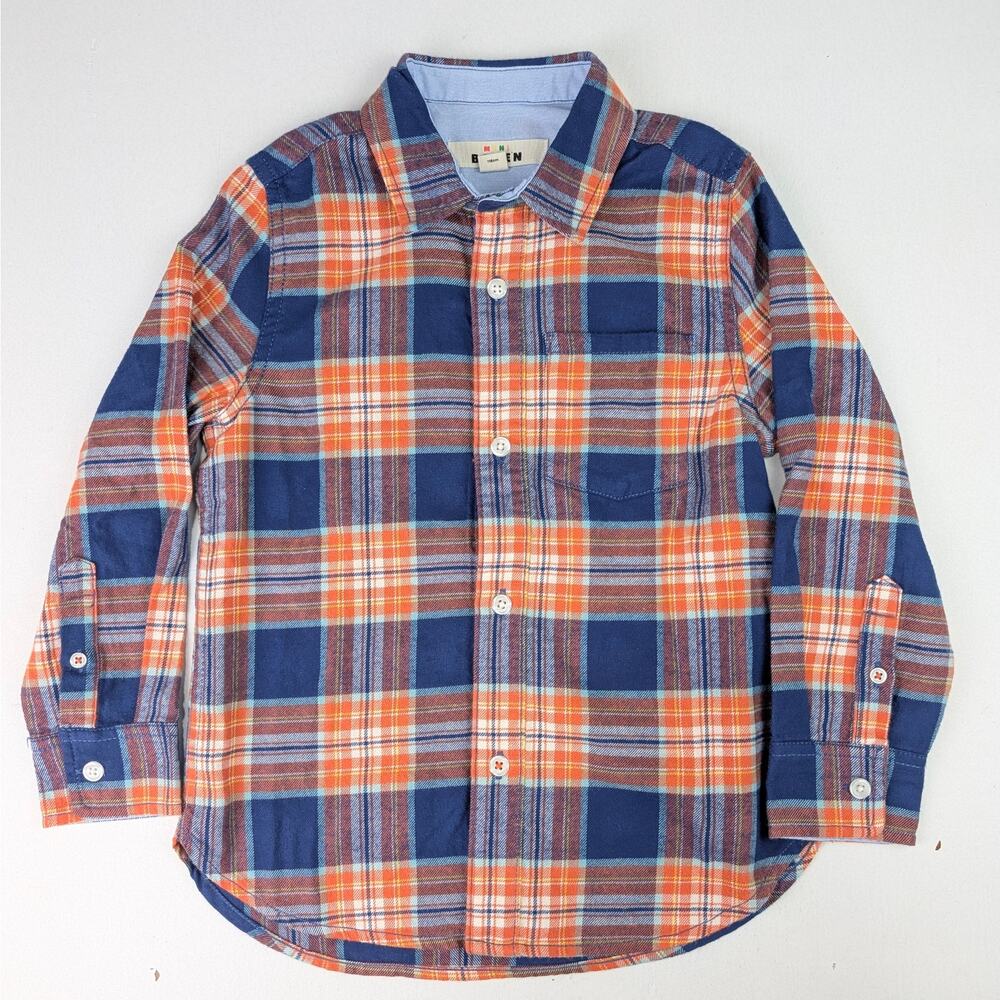 Mini Boden Boys 5-6 Orange/Blue Plaid Flannel Button Up Shirt